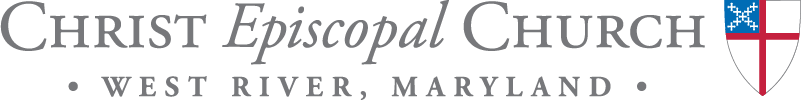 Text logo for Christ Episcopal Church in West River, Maryland, features a shield with a cross.