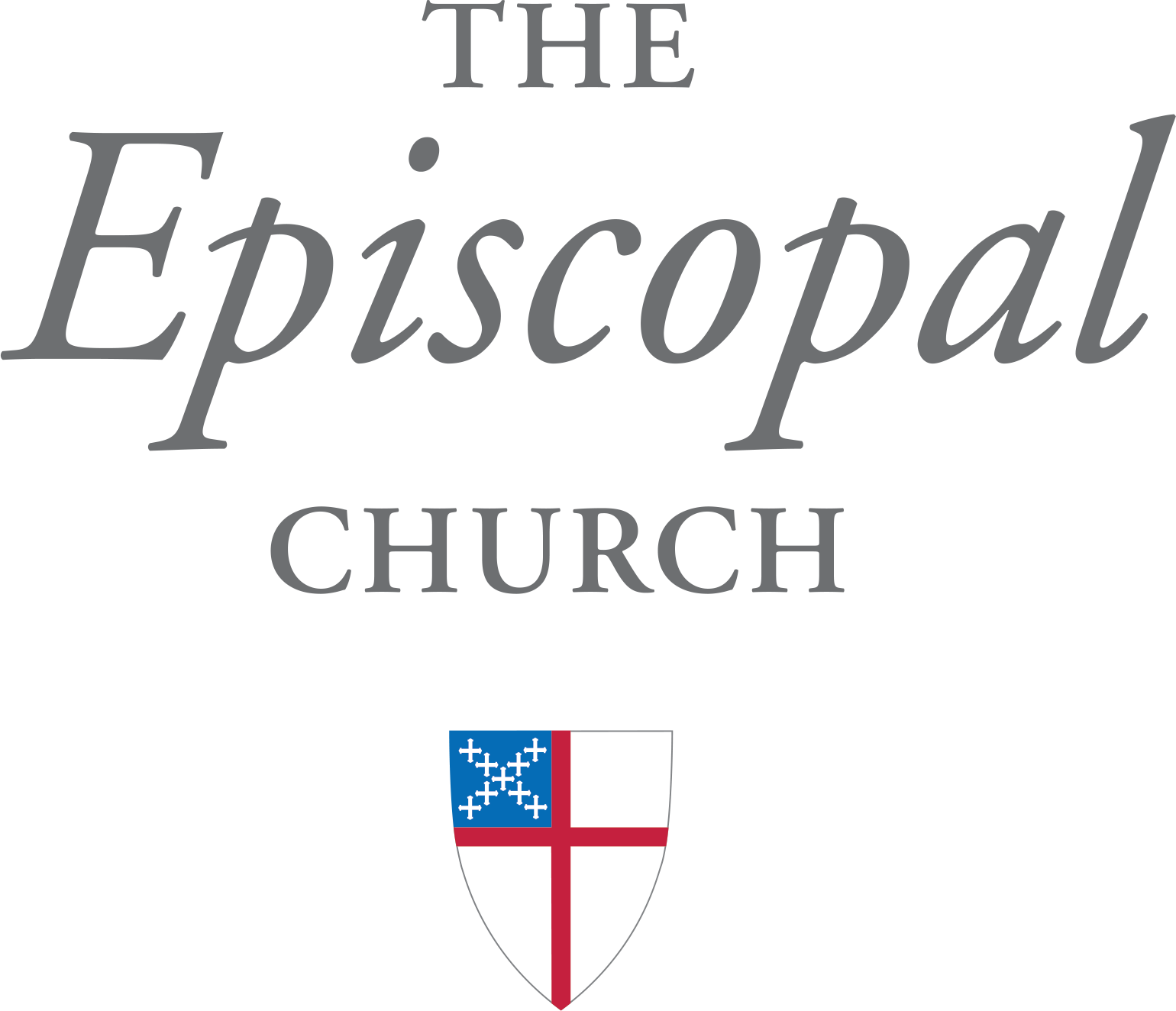 Logo of The Episcopal Church with stylized text and shield emblem, featuring a red cross and blue canton with white crosses.